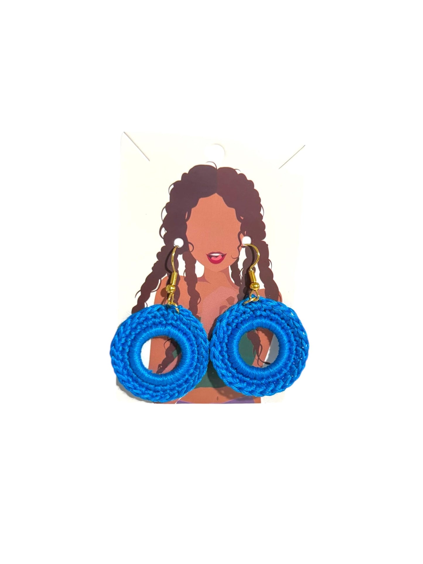 Handmade Cotton Crochet Dangle Earrings, Blue, 1.5 Inches, Fish Hook Back, Gold-tone