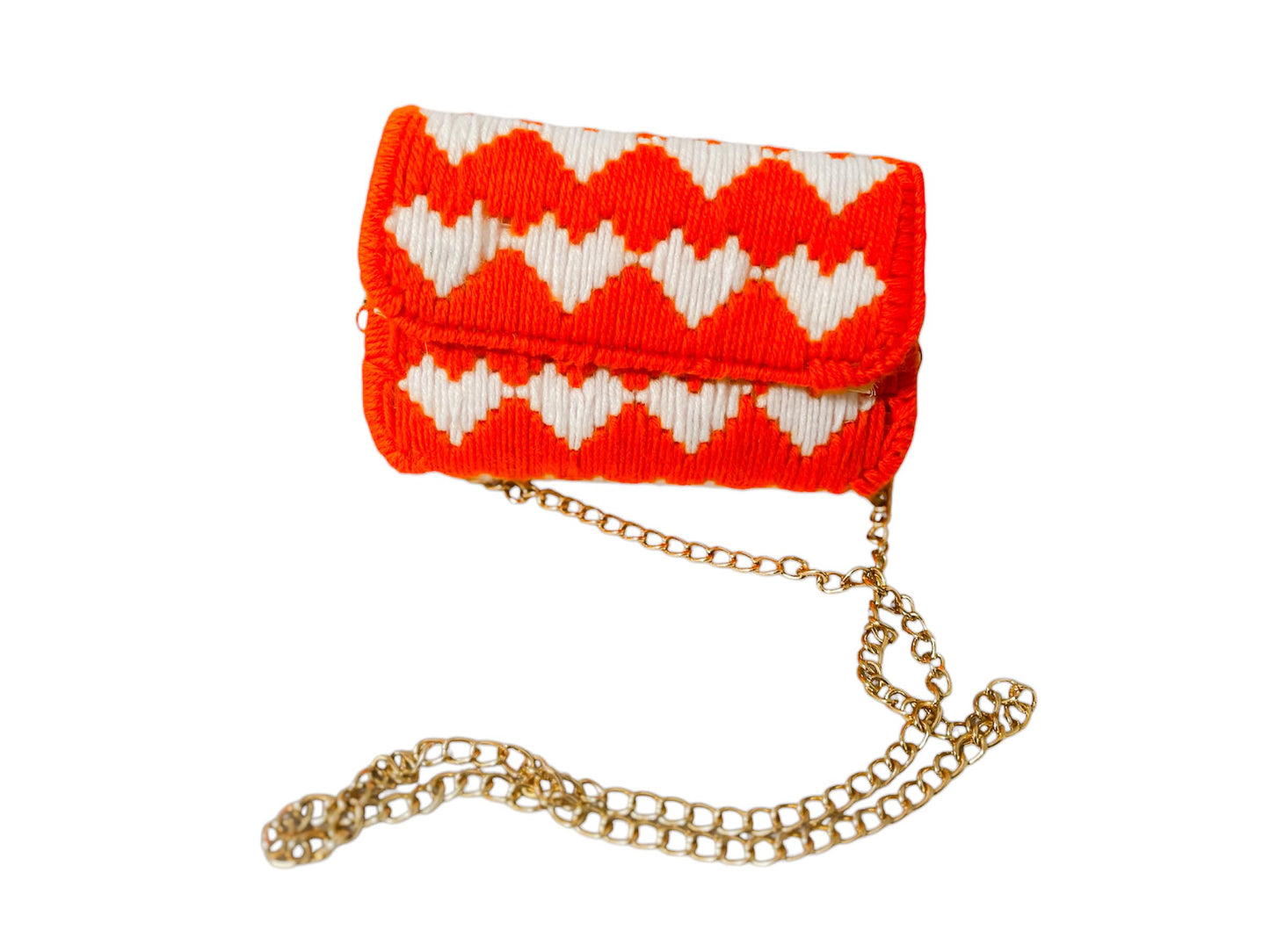 Crochet Crossbody Purse with Chain Strap, Orange and White Heart Pattern, Handmade