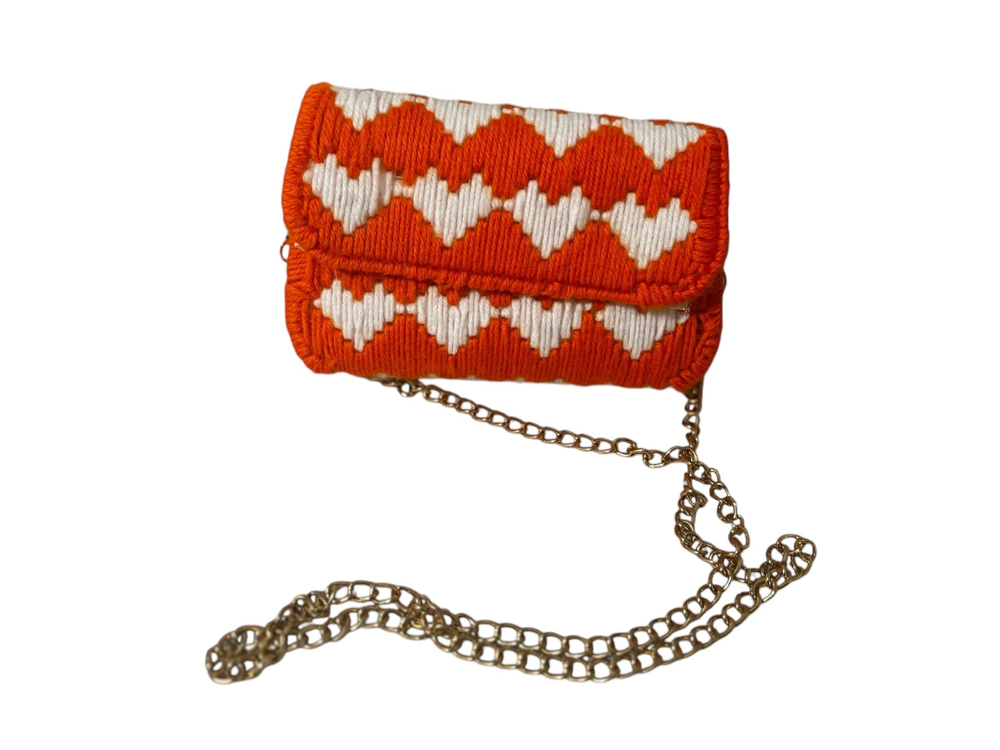 Crochet Crossbody Purse with Chain Strap, Orange and White Heart Pattern, Handmade