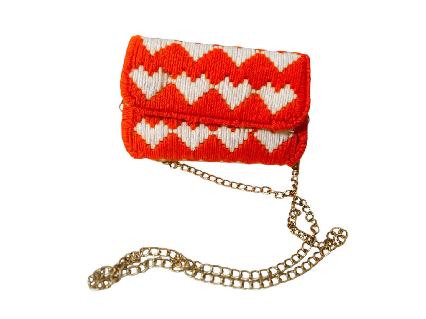 Crochet Crossbody Purse with Chain Strap, Orange and White Heart Pattern, Handmade