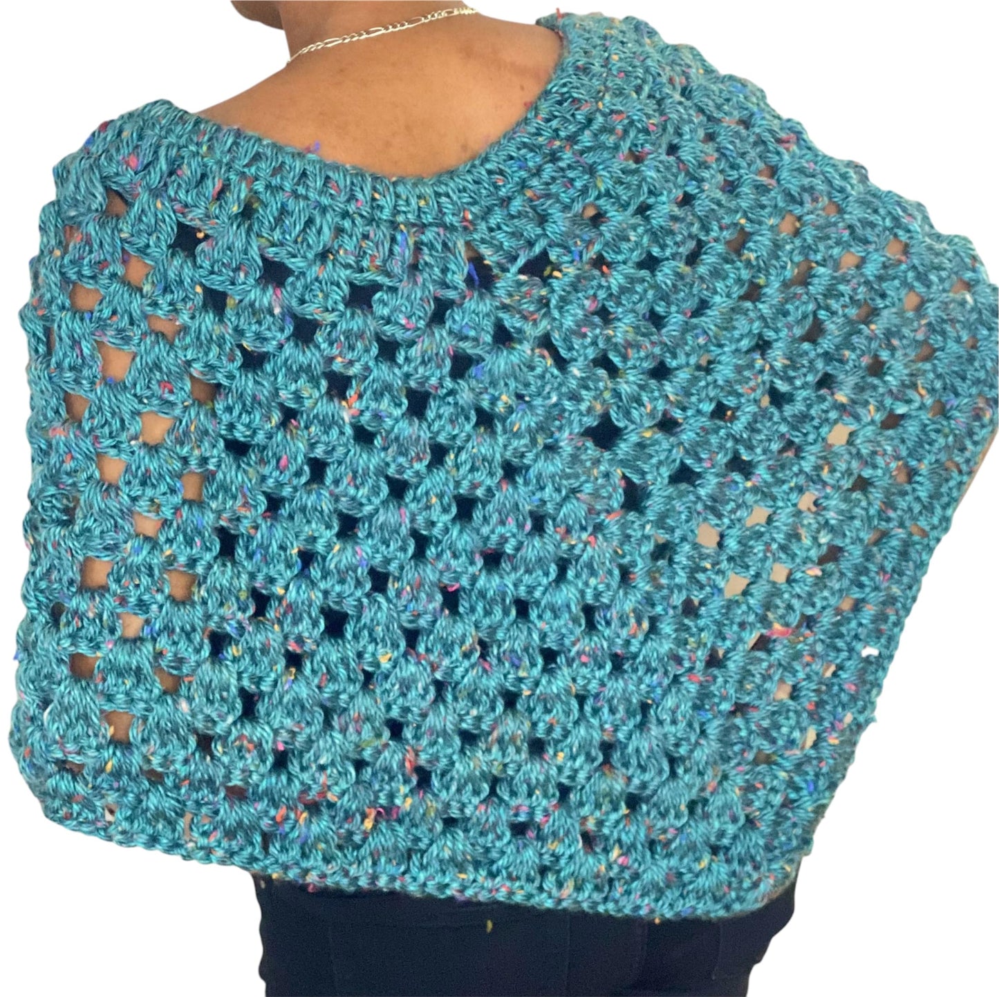 Crochet Poncho Wrap, Turquoise Blue with Flecks, Open Weave Pattern