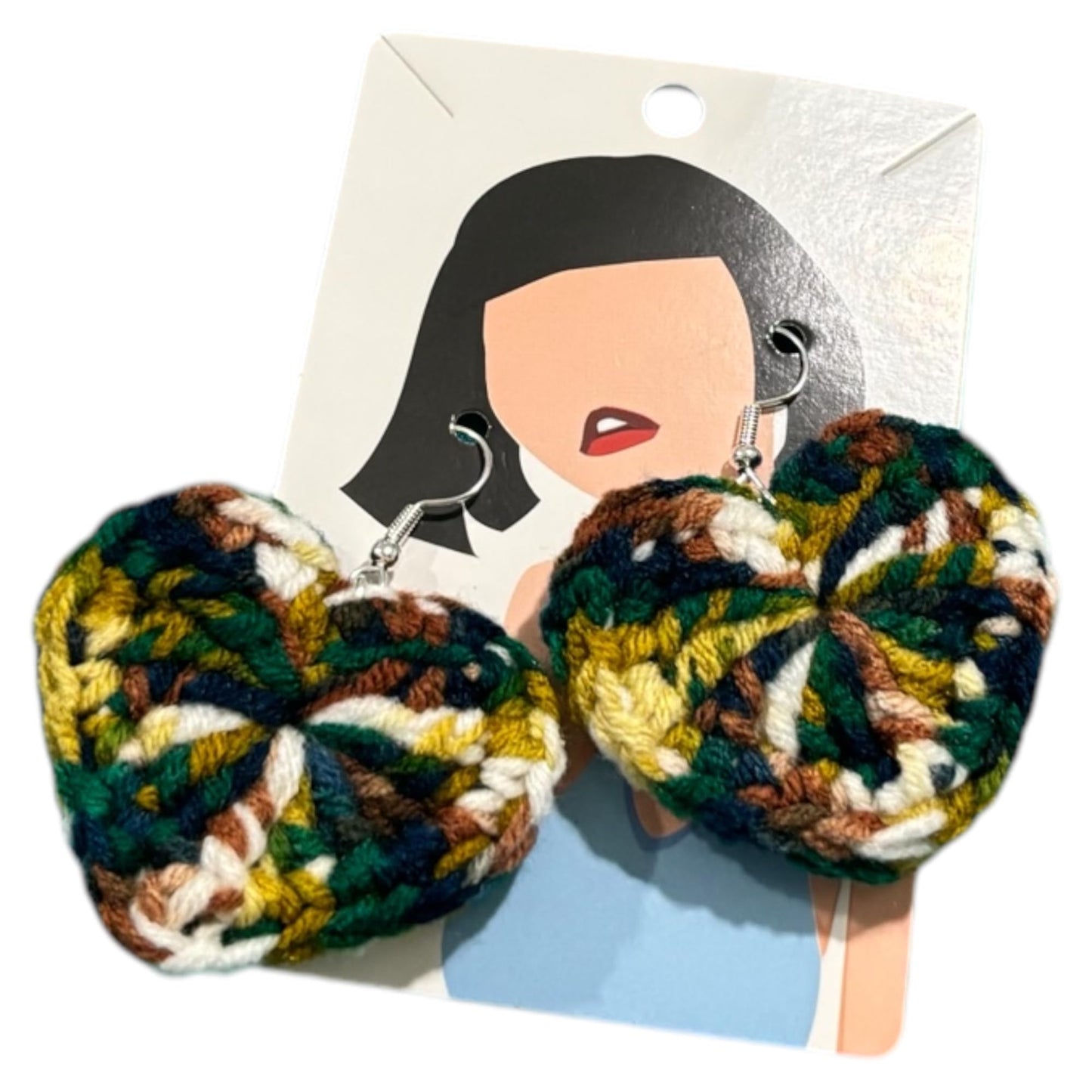 Handmade Crochet Heart Earrings, Multicolor Knit Pattern, Dangle Style