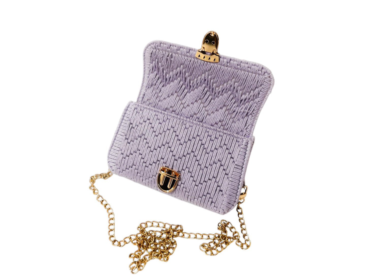 Handmade Crochet Crossbody Purse, Lavender with Gold Chain Strap, Heart Pattern Design, 8 x 6 x 4 inches