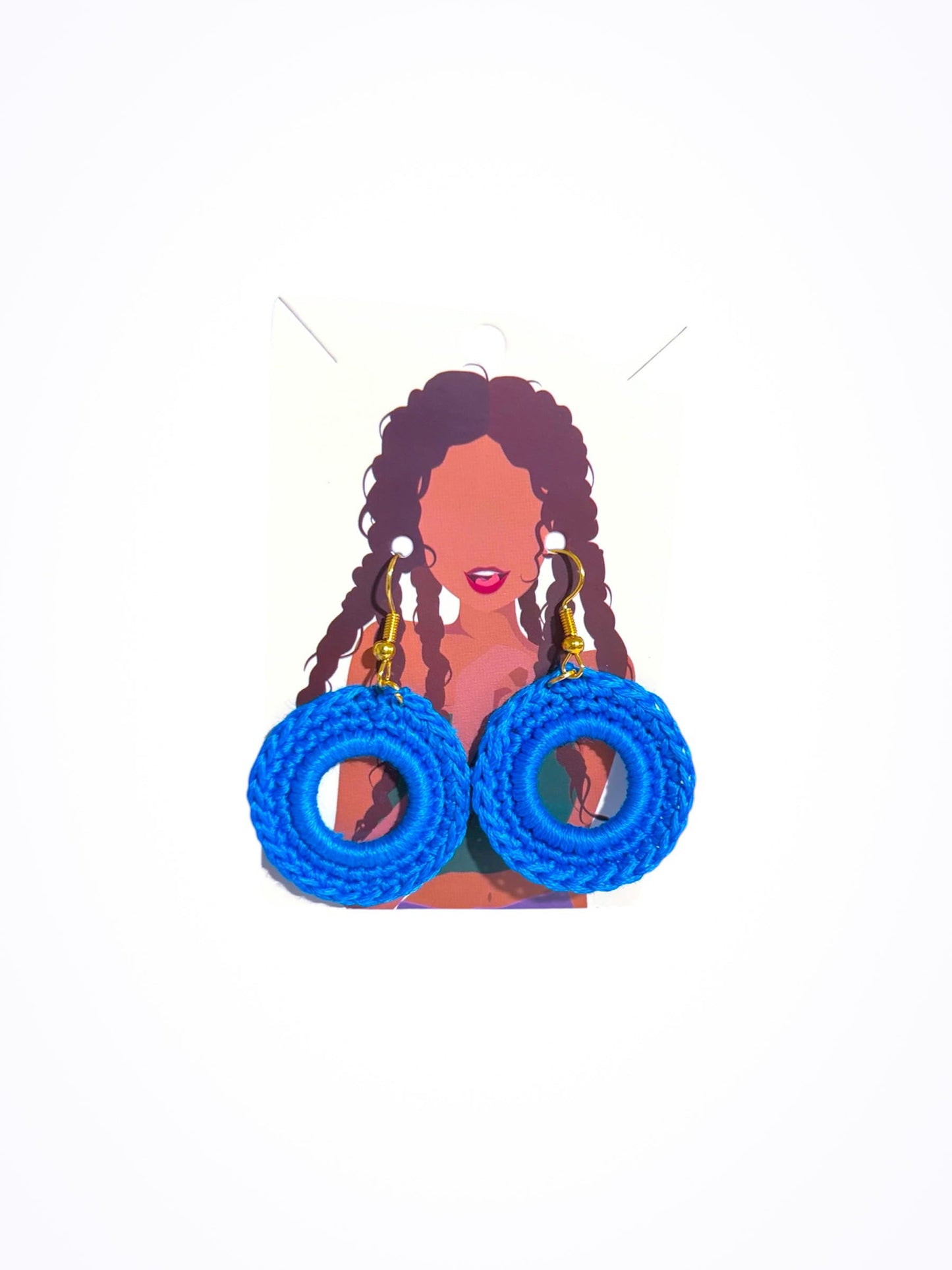 Handmade Cotton Crochet Dangle Earrings, Blue, 1.5 Inches, Fish Hook Back, Gold-tone