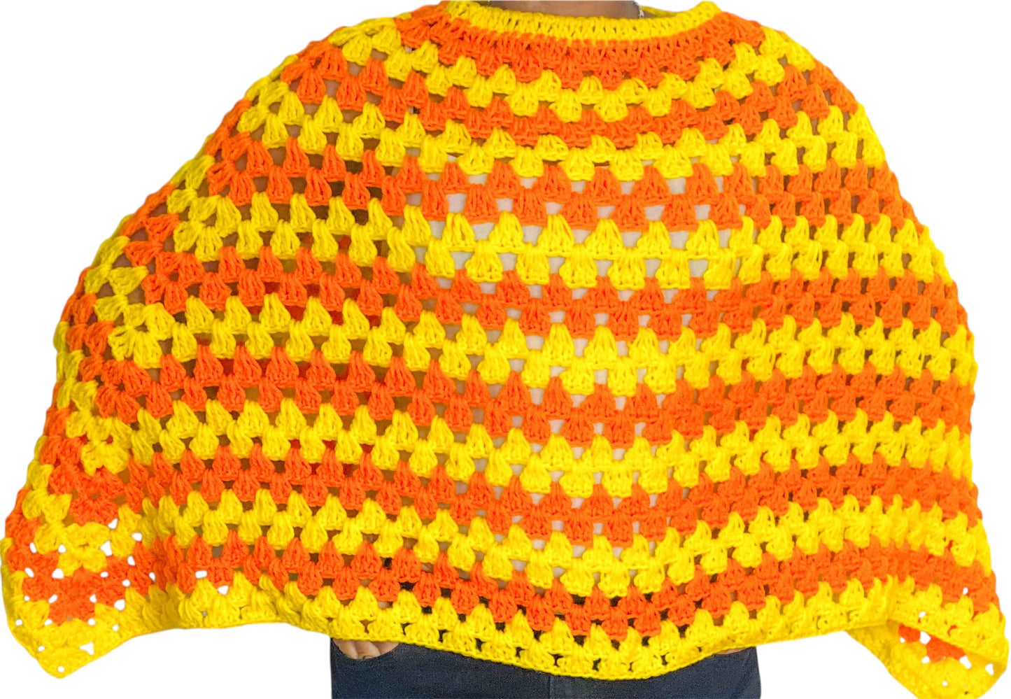 Handmade Crochet Poncho, Yellow and Orange Striped Pattern, Open Weave Design