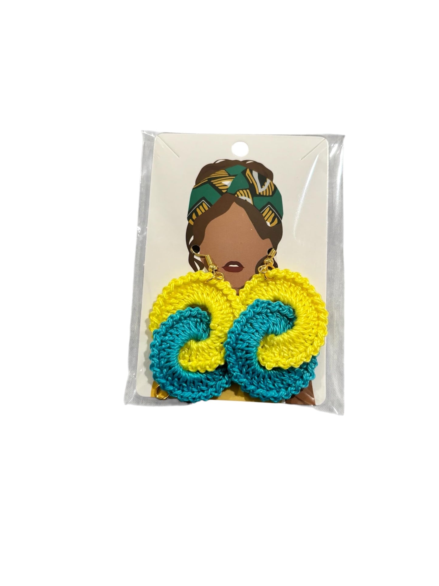 Handmade Crochet Spiral Earrings, Yellow and Turquoise, Statement Fashion Jewelry