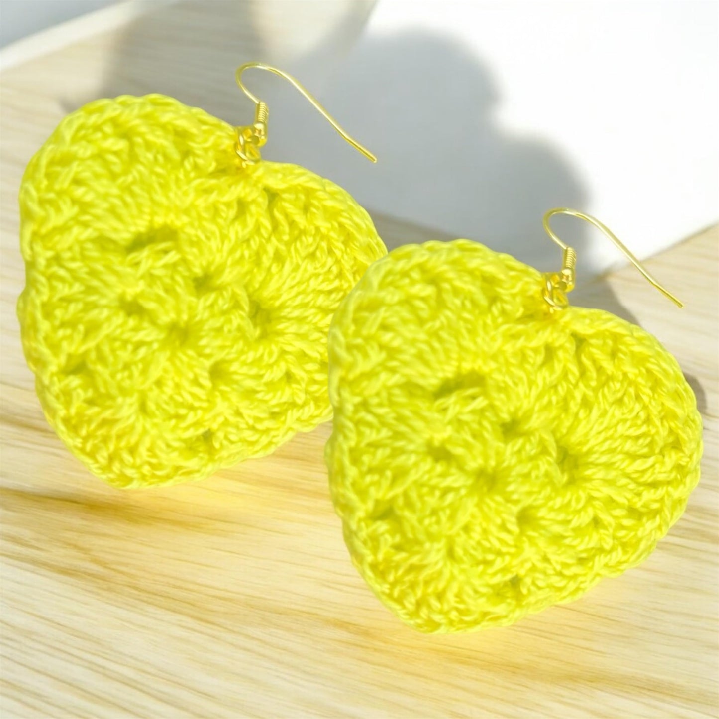 Handmade Crochet Heart Dangle Earrings, Neon Yellow, Gold-Tone Hooks