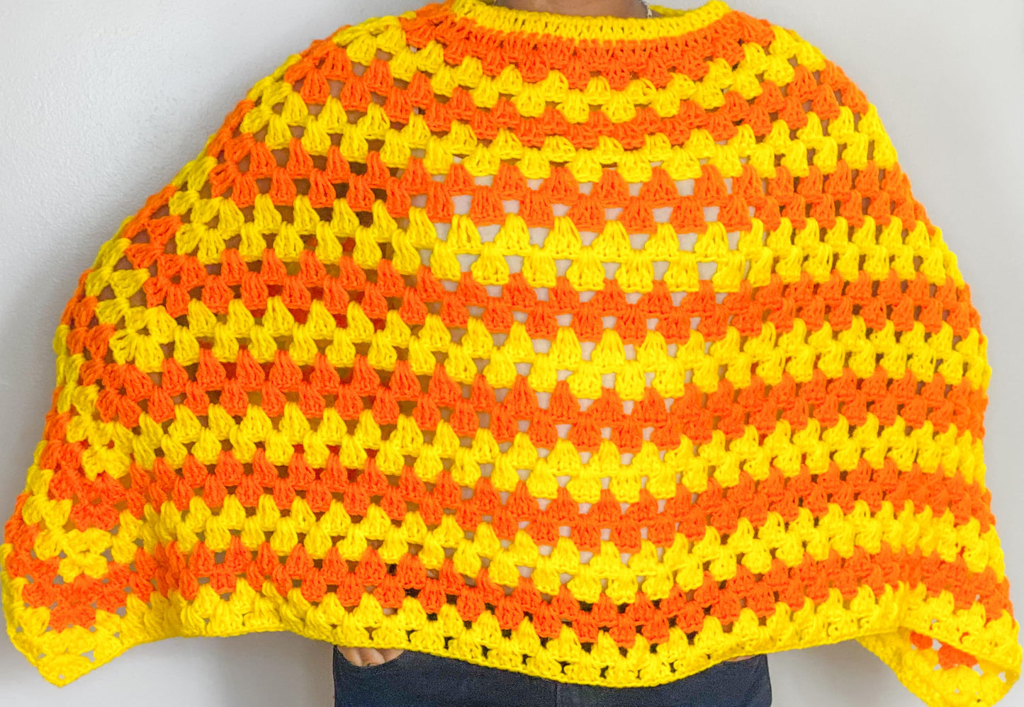 Handmade Crochet Poncho, Yellow and Orange Striped Pattern, Open Weave Design