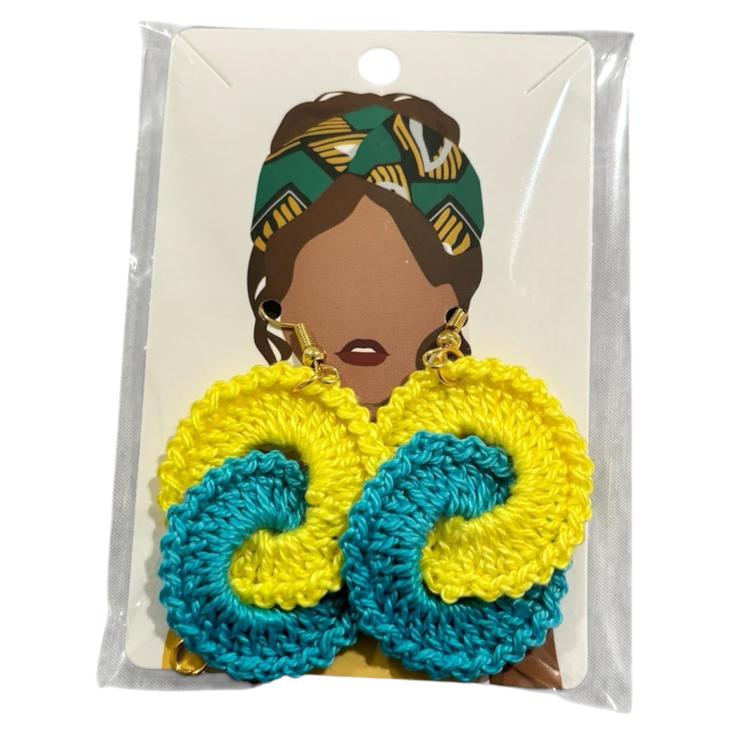 Handmade Crochet Spiral Earrings, Yellow and Turquoise, Statement Fashion Jewelry