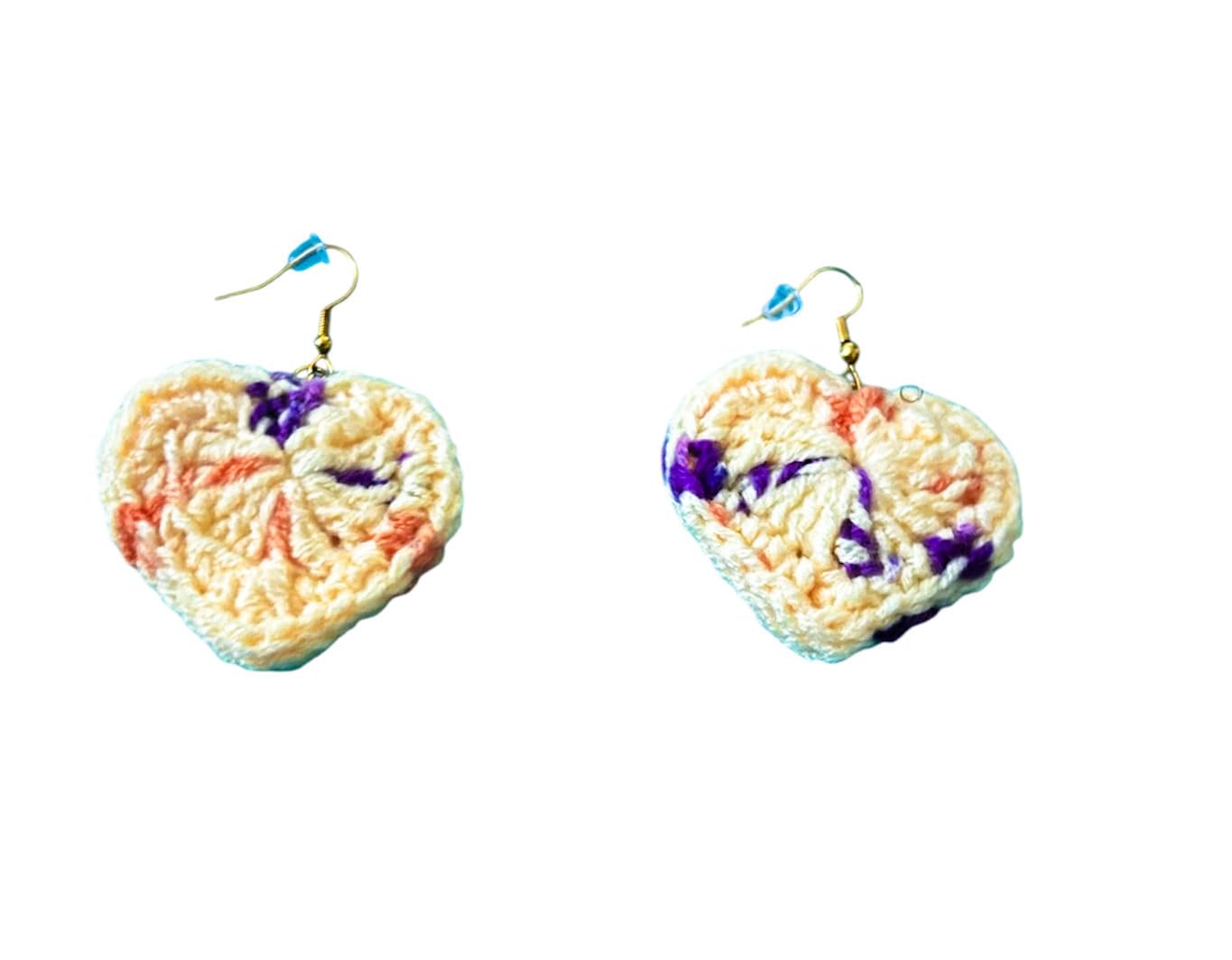 Handmade Crochet Heart Earrings, Multicolor Knit Pattern, Dangle Style