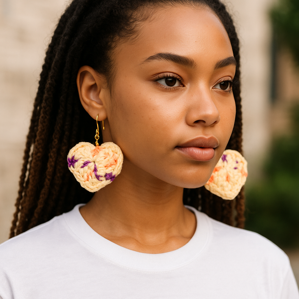 Handmade Crochet Heart Earrings, Multicolor Knit Pattern, Dangle Style