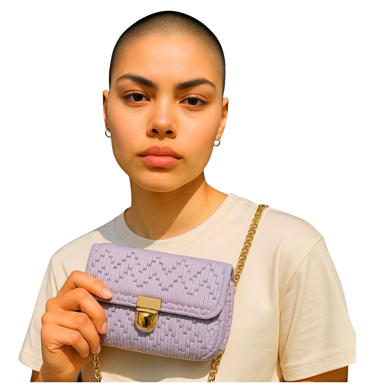 Handmade Crochet Crossbody Purse, Lavender with Gold Chain Strap, Heart Pattern Design, 8 x 6 x 4 inches