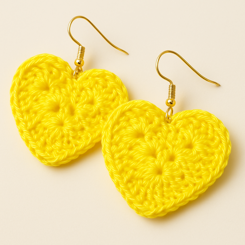 Handmade Crochet Heart Dangle Earrings, Neon Yellow, Gold-Tone Hooks