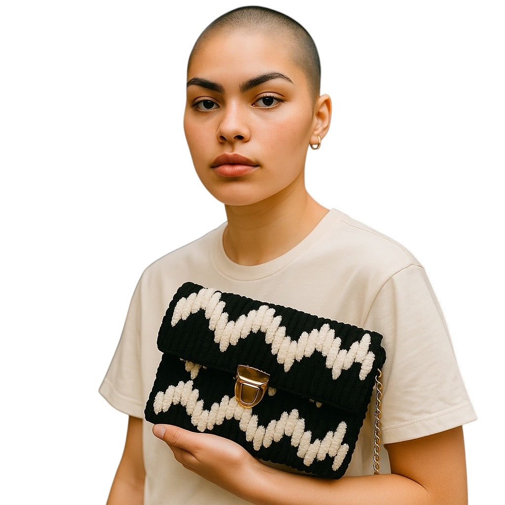Knitted Clutch Purse with Chain Strap, Black and White Zigzag Pattern, Gold-Tone Clasp