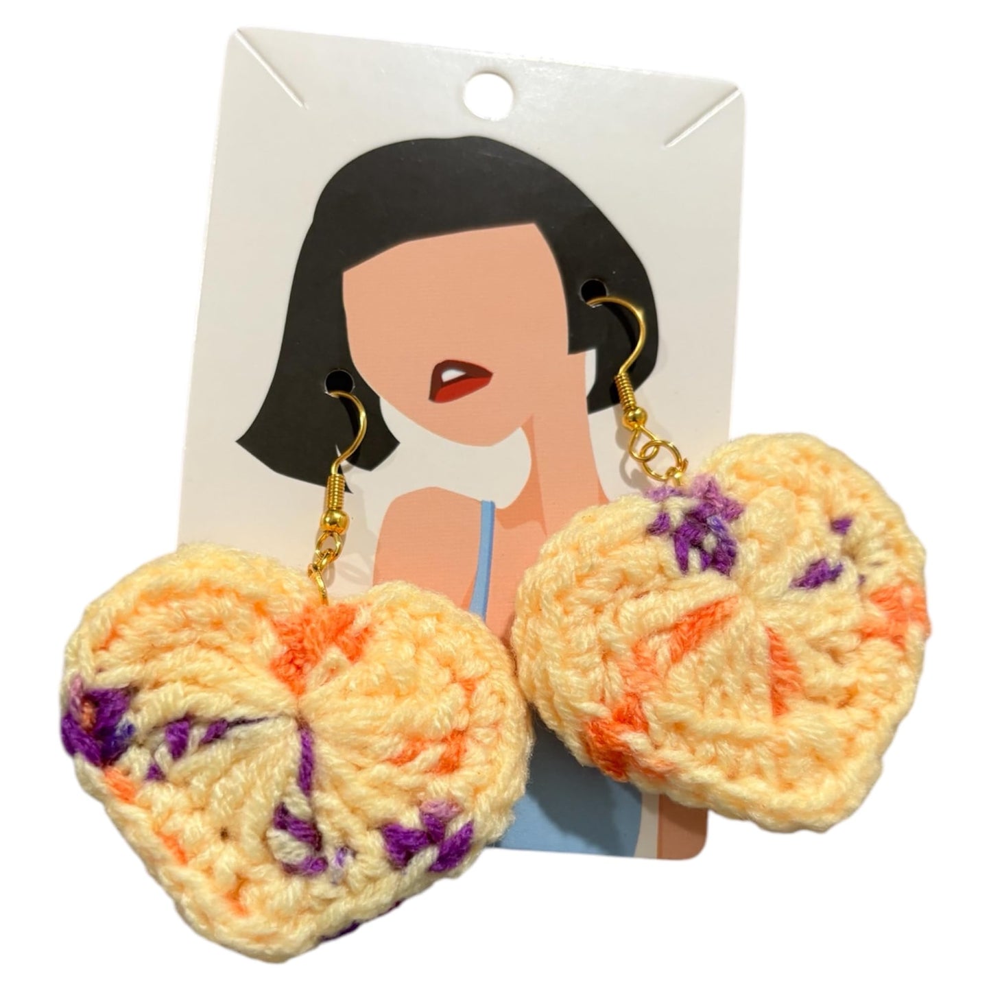 Handmade Crochet Heart Earrings, Multicolor Knit Pattern, Dangle Style