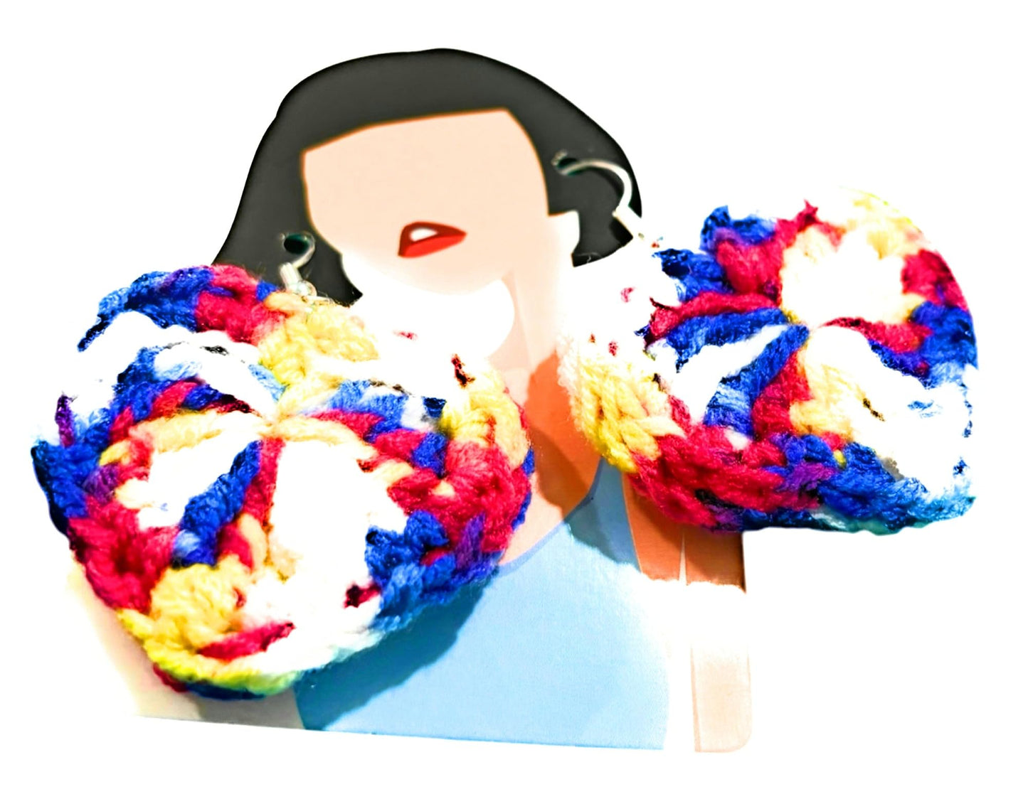 Handmade Crochet Heart Earrings, Multicolor Knit Pattern, Dangle Style