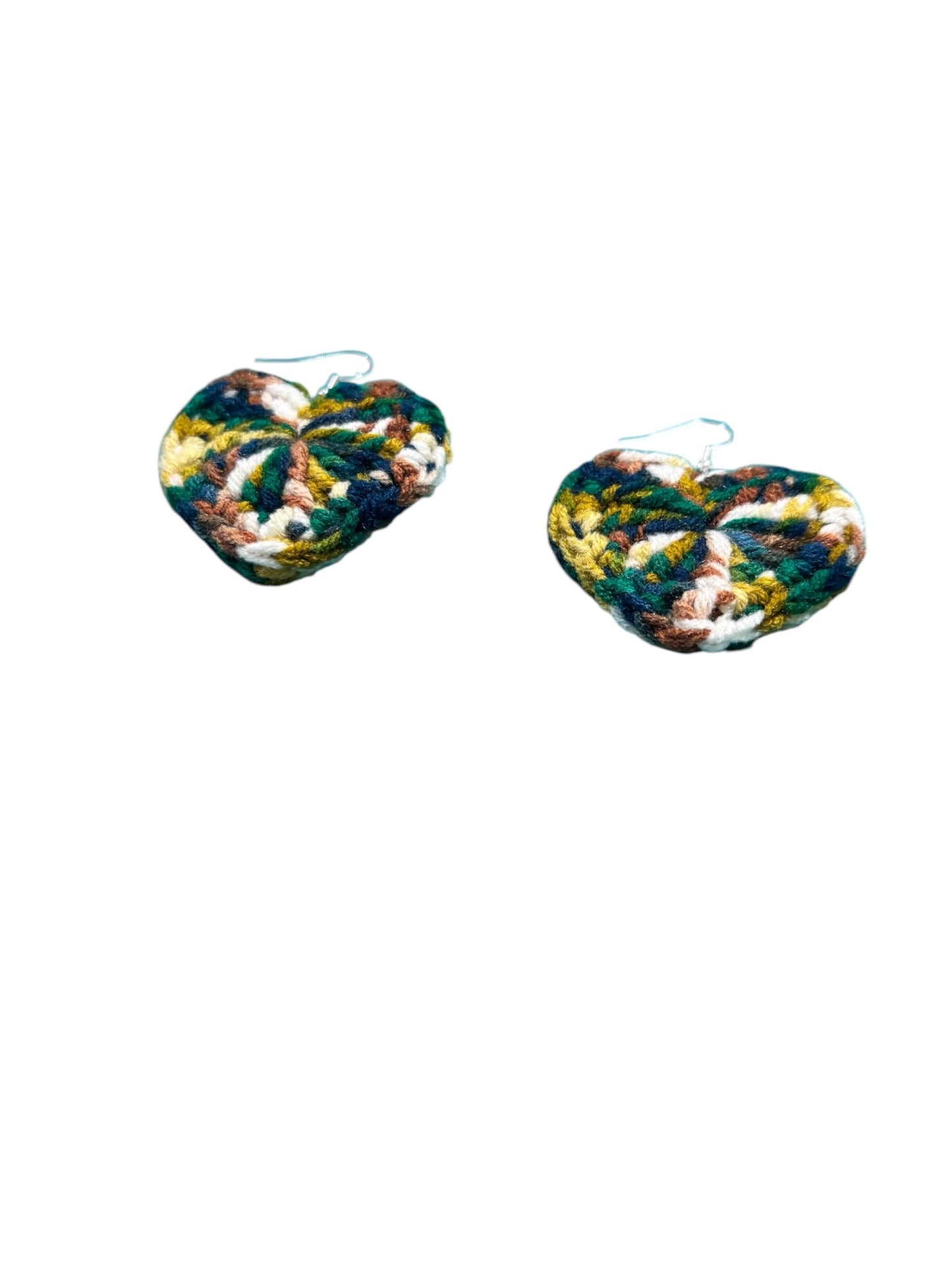 Handmade Crochet Heart Earrings, Multicolor Knit Pattern, Dangle Style