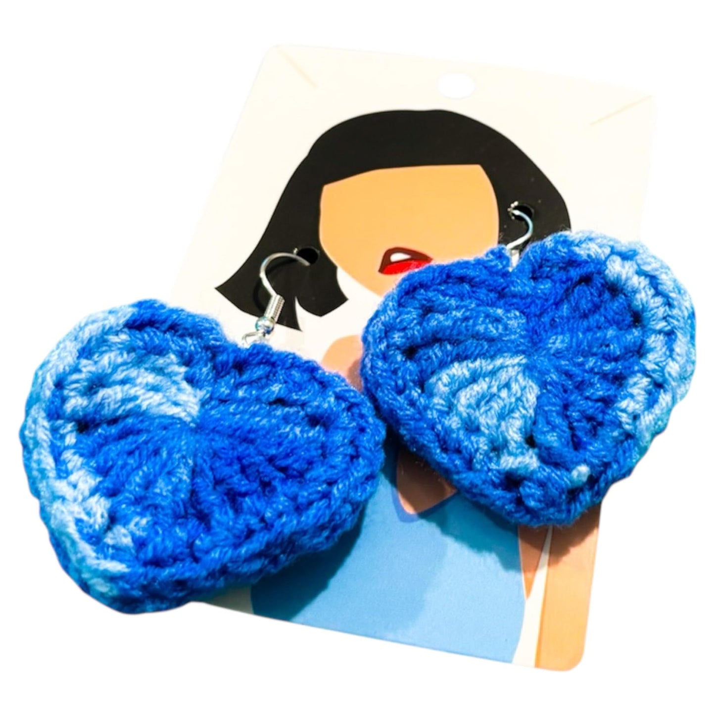 Handmade Crochet Heart Earrings, Multicolor Knit Pattern, Dangle Style
