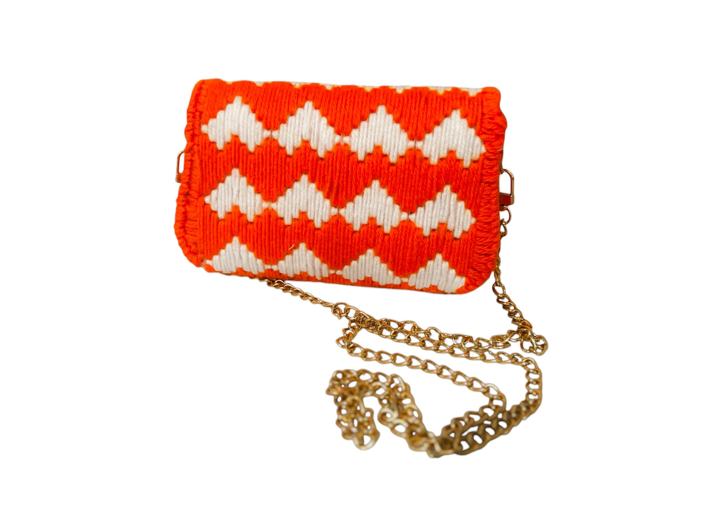 Crochet Crossbody Purse with Chain Strap, Orange and White Heart Pattern, Handmade