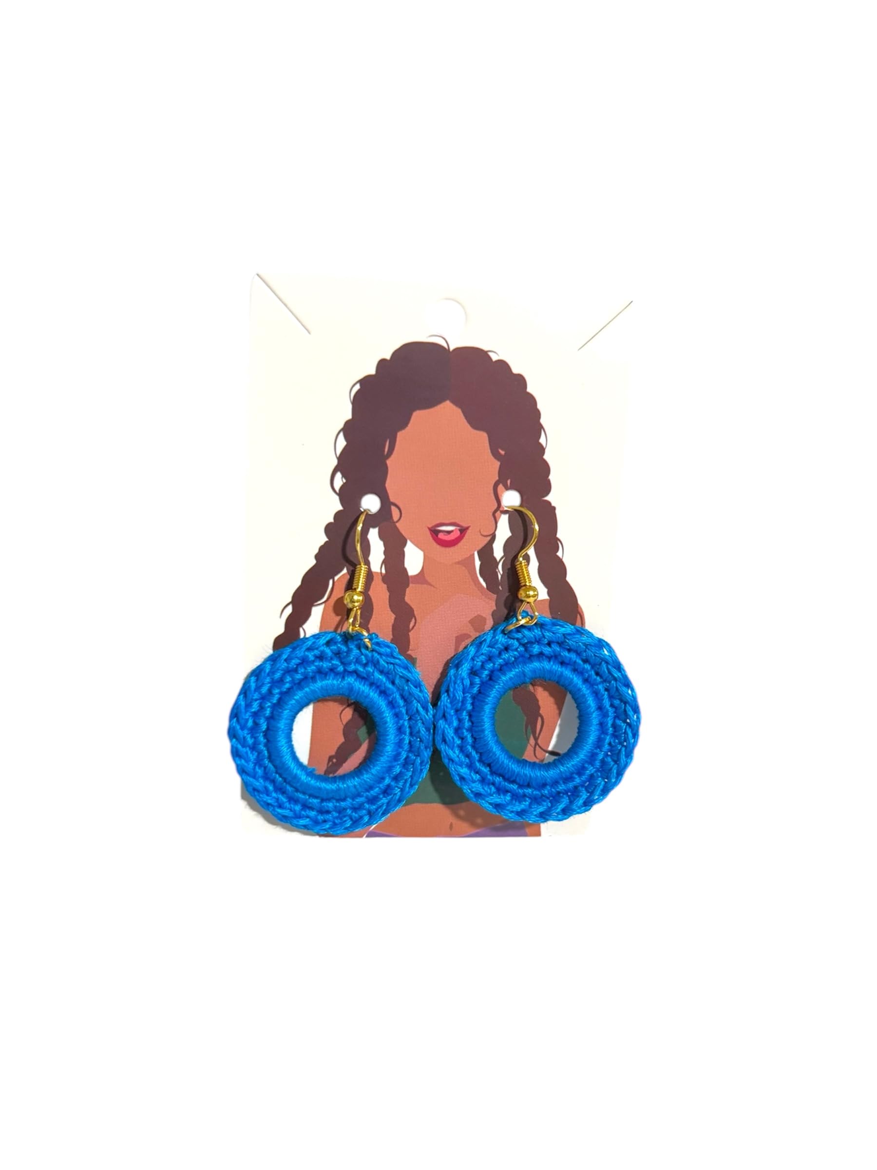 Handmade Cotton Crochet Dangle Earrings, Blue, 1.5 Inches, Fish Hook Back, Gold-tone