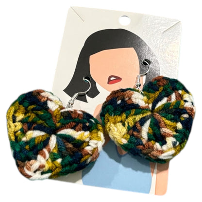 Handmade Crochet Heart Earrings, Multicolor Knit Pattern, Dangle Style