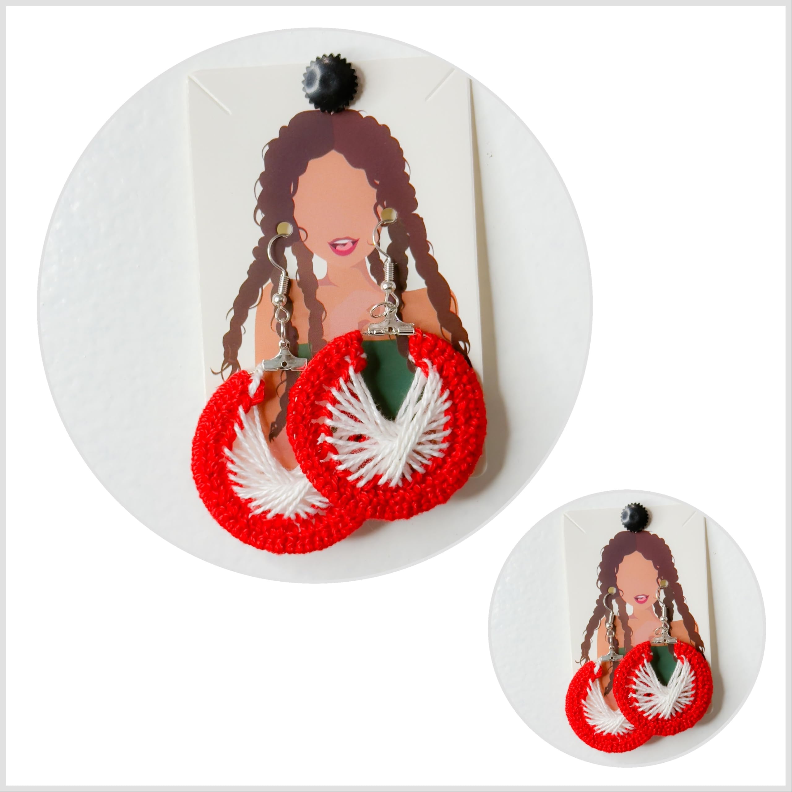 Handmade Crochet Hoop Earrings, Red and White Circle Design