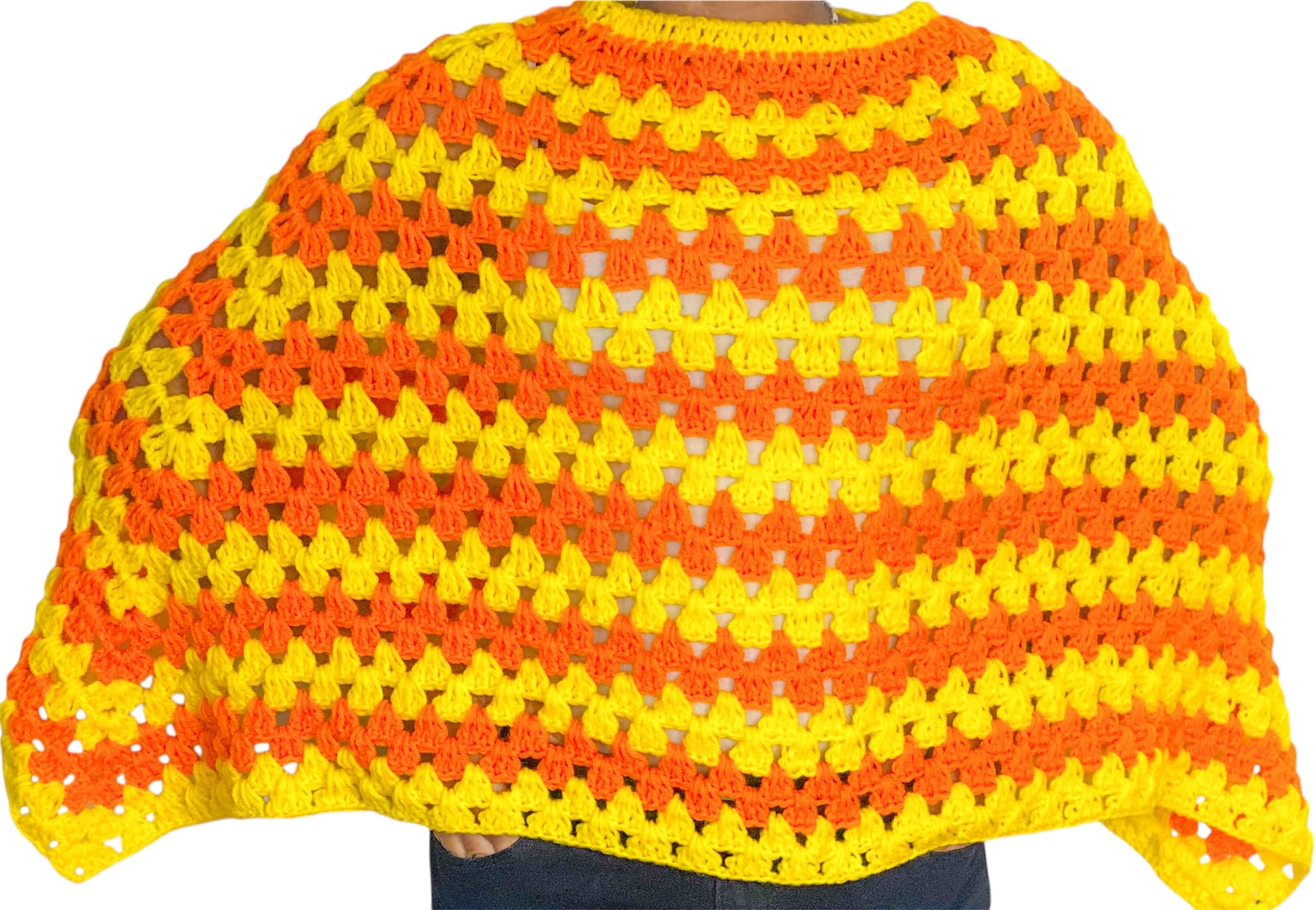 Handmade Crochet Poncho, Yellow and Orange Striped Pattern, Open Weave Design