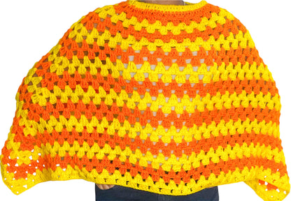 Handmade Crochet Poncho, Yellow and Orange Striped Pattern, Open Weave Design