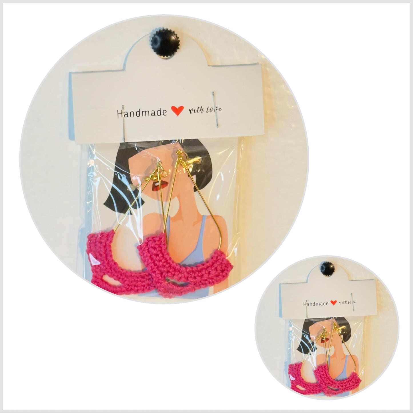 Handmade Crochet Teardrop Dangle Earrings, Hot Pink, Gold-Tone Hardware