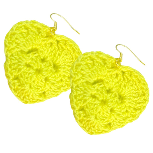 Handmade Crochet Heart Dangle Earrings, Neon Yellow, Gold-Tone Hooks