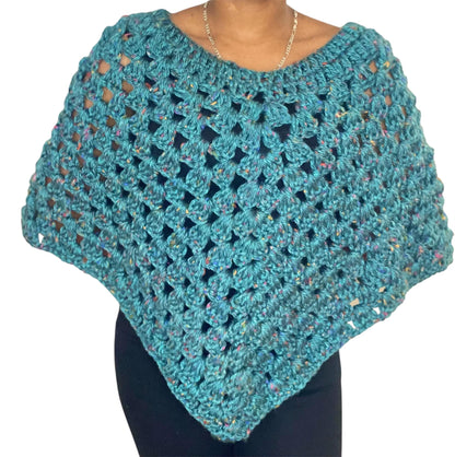 Crochet Poncho Wrap, Turquoise Blue with Flecks, Open Weave Pattern