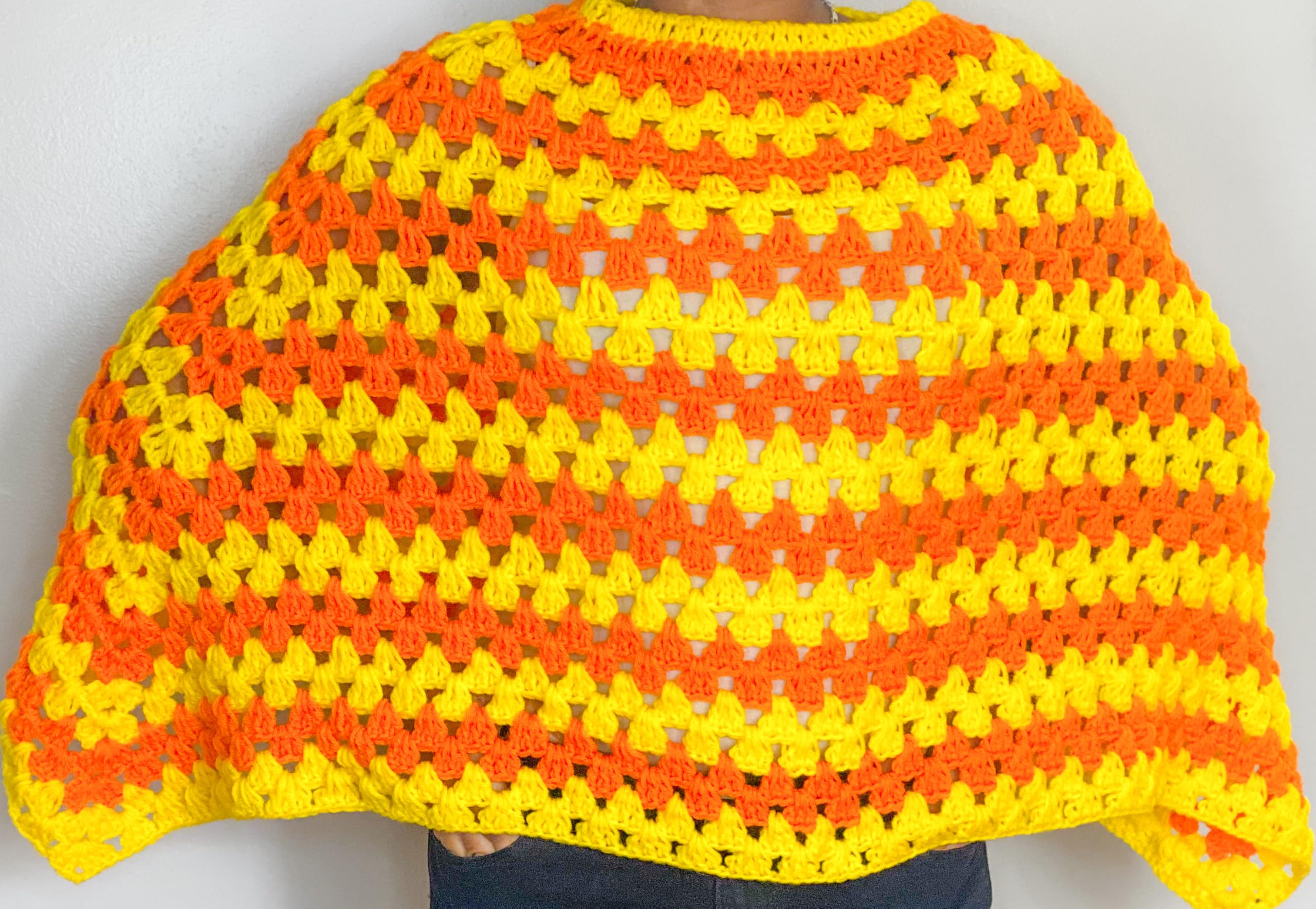 Handmade Crochet Poncho, Yellow and Orange Striped Pattern, Open Weave Design