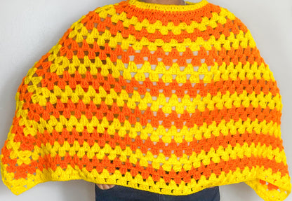 Handmade Crochet Poncho, Yellow and Orange Striped Pattern, Open Weave Design