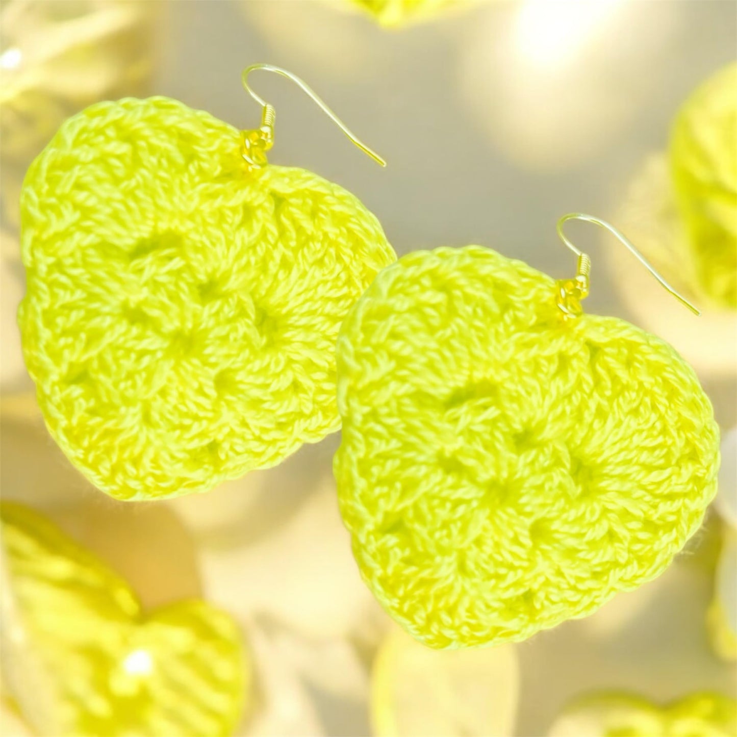 Handmade Crochet Heart Dangle Earrings, Neon Yellow, Gold-Tone Hooks