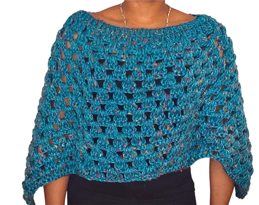 Crochet Poncho Wrap, Turquoise Blue with Flecks, Open Weave Pattern