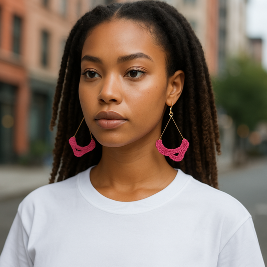 Handmade Crochet Teardrop Dangle Earrings, Hot Pink, Gold-Tone Hardware