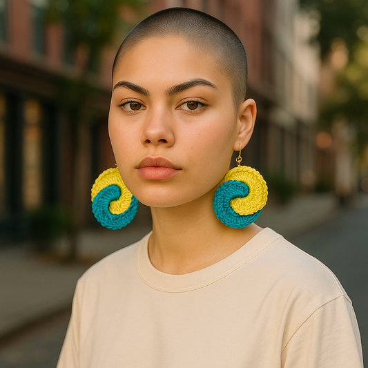 Handmade Crochet Spiral Earrings, Yellow and Turquoise, Statement Fashion Jewelry