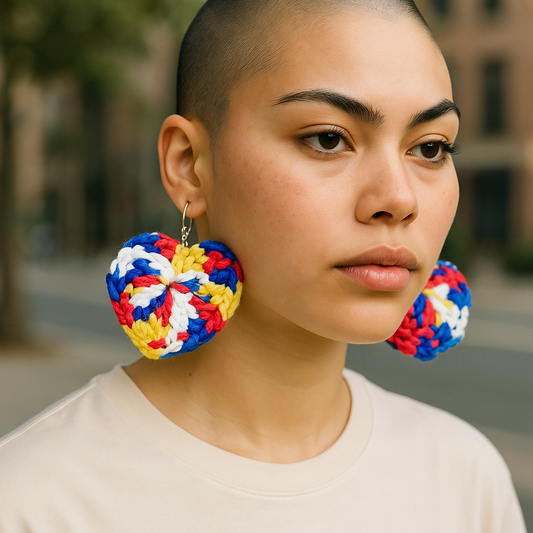 Handmade Crochet Heart Earrings, Multicolor Knit Pattern, Dangle Style