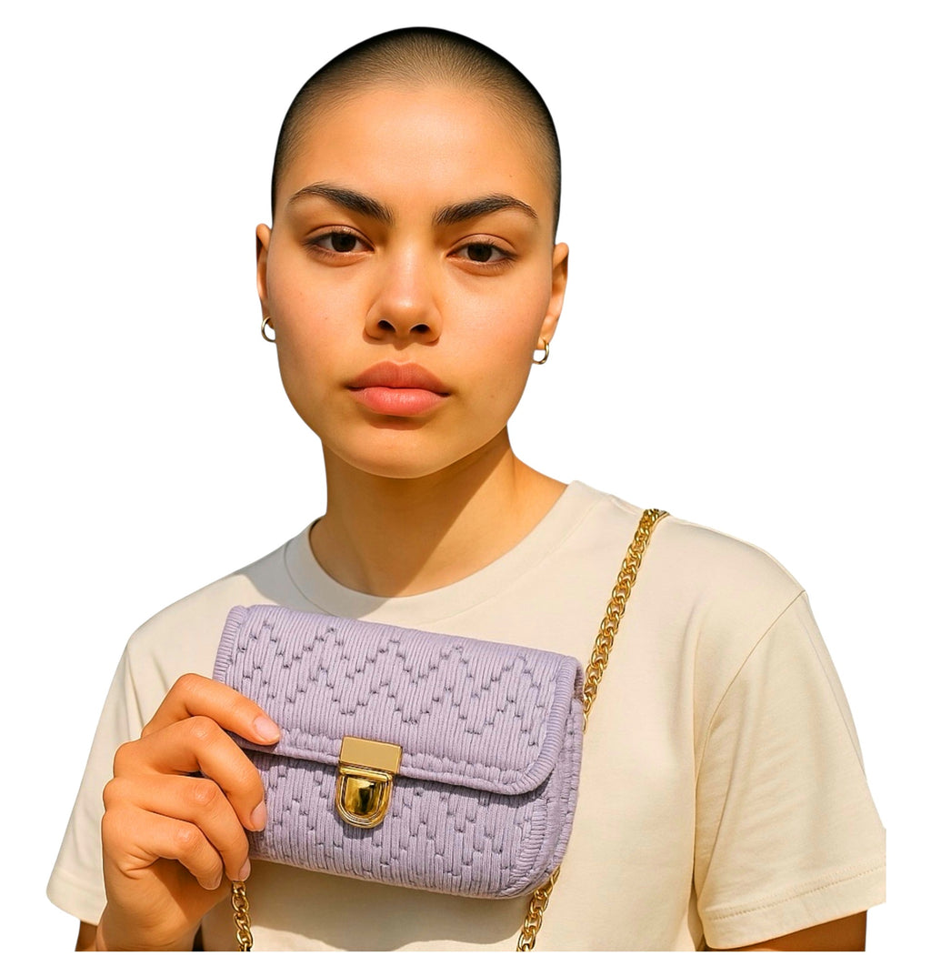 Handmade Crochet Crossbody Purse, Lavender with Gold Chain Strap, Heart Pattern Design, 8 x 6 x 4 inches