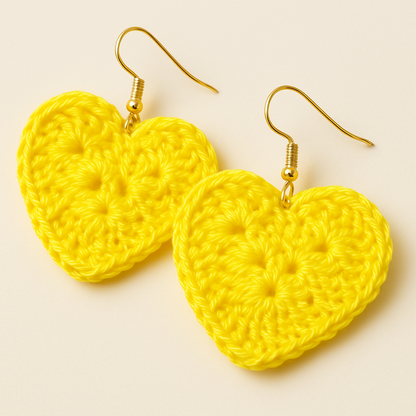 Handmade Crochet Heart Dangle Earrings, Neon Yellow, Gold-Tone Hooks