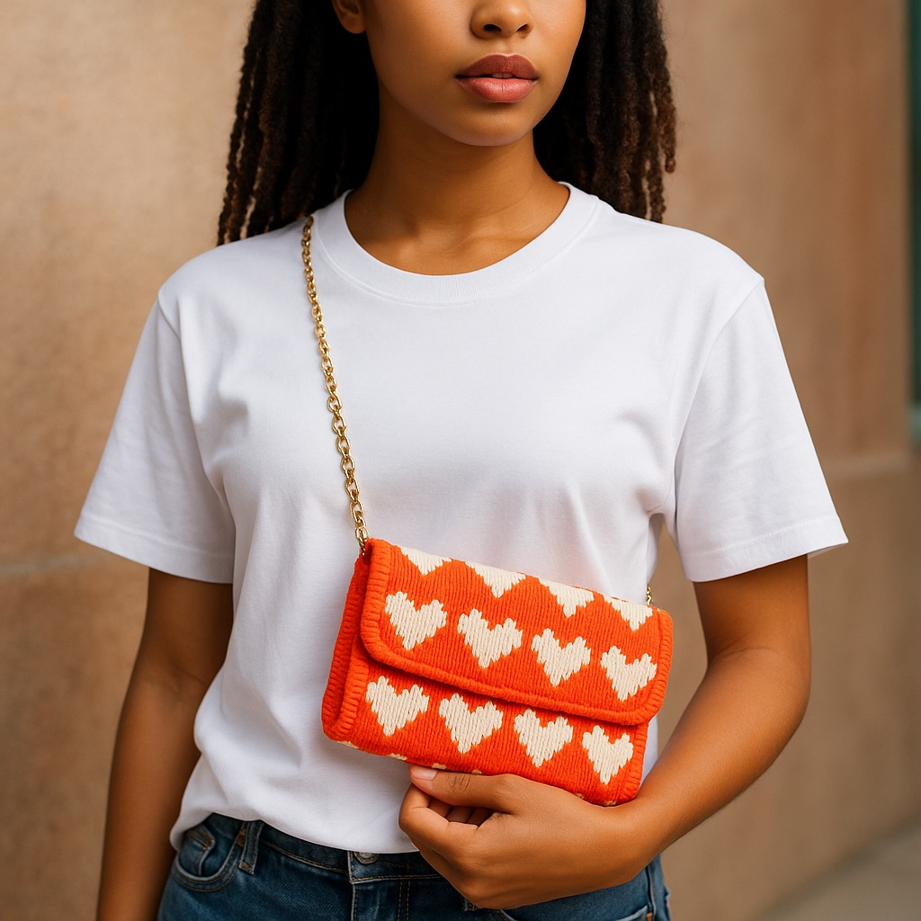 Crochet Crossbody Purse with Chain Strap, Orange and White Heart Pattern, Handmade