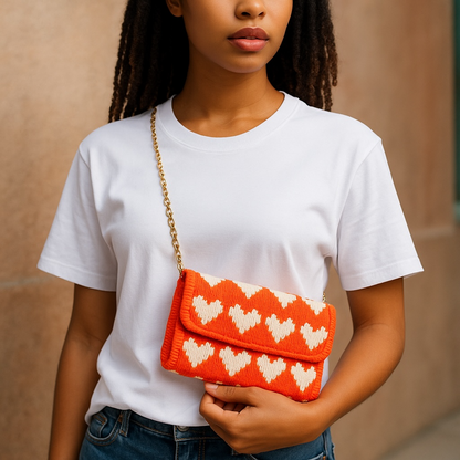 Crochet Crossbody Purse with Chain Strap, Orange and White Heart Pattern, Handmade