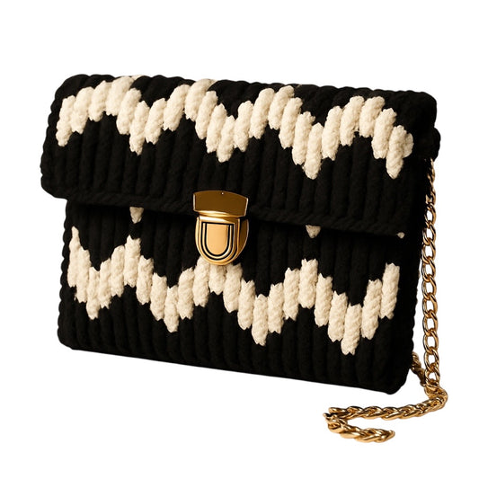 Knitted Clutch Purse with Chain Strap, Black and White Zigzag Pattern, Gold-Tone Clasp