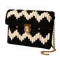 Knitted Clutch Purse with Chain Strap, Black and White Zigzag Pattern, Gold-Tone Clasp