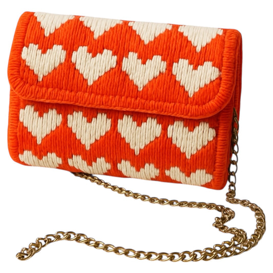 Crochet Crossbody Purse with Chain Strap, Orange and White Heart Pattern, Handmade
