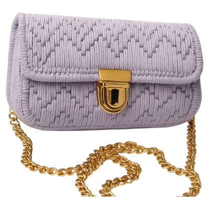 Handmade Crochet Crossbody Purse, Lavender with Gold Chain Strap, Heart Pattern Design, 8 x 6 x 4 inches