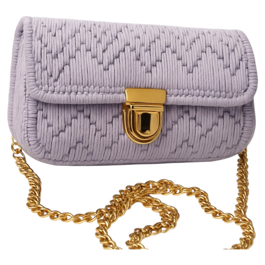 Handmade Crochet Crossbody Purse, Lavender with Gold Chain Strap, Heart Pattern Design, 8 x 6 x 4 inches