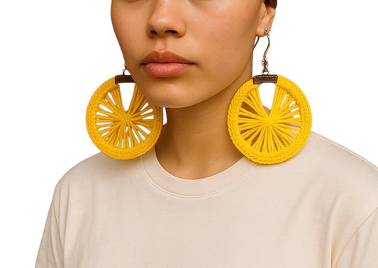 Handmade Crochet Hoop Earrings, Yellow Cotton, Circular Design