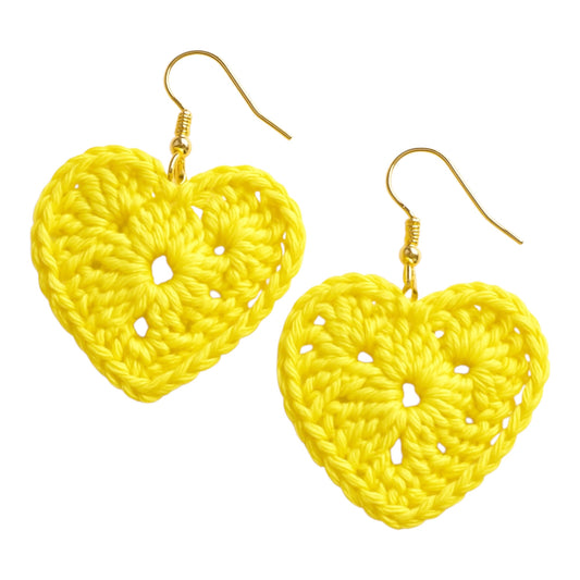 Handmade Crochet Heart Dangle Earrings, Neon Yellow, Gold-Tone Hooks