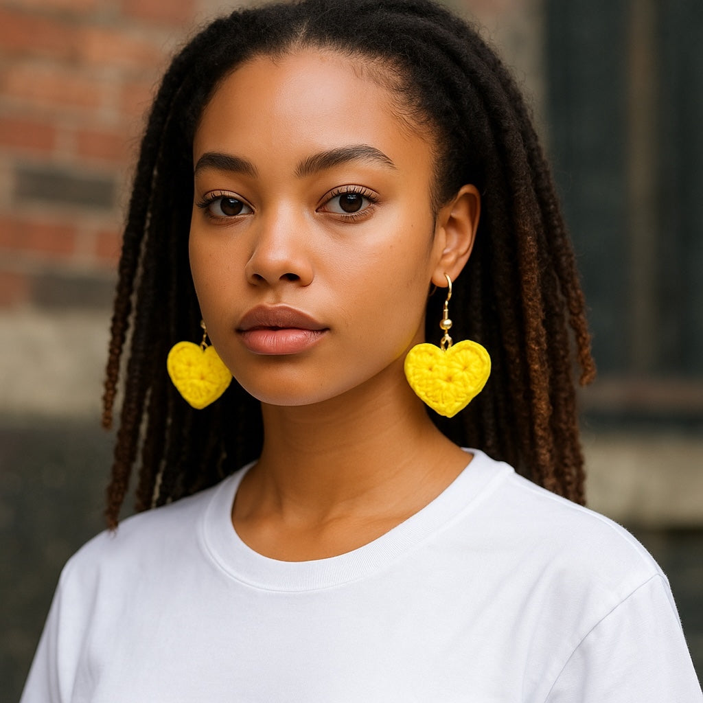 Handmade Crochet Heart Dangle Earrings, Neon Yellow, Gold-Tone Hooks